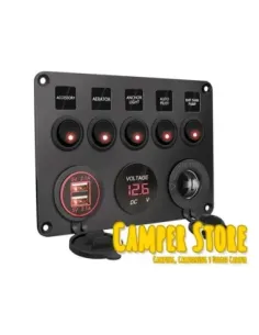 Panel Toma 12V + 2 USB + 5 Interruptor + Voltimetro