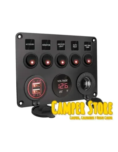 Panel Toma 12V + 2 USB + 5 Interruptor + Voltimetro