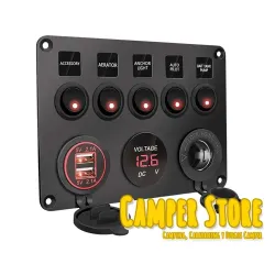 Panel Toma 12V + 2 USB + 5 Interruptor + Voltimetro