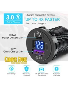 Toma doble de USB con voltímetro digital 2