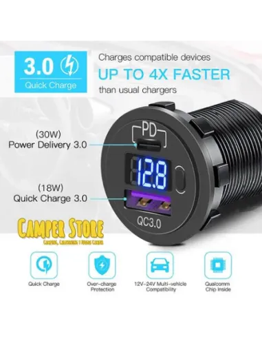 Toma doble de USB con voltímetro digital