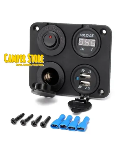 Toma 12V + Toma USB doble + Interruptor + Voltimetro