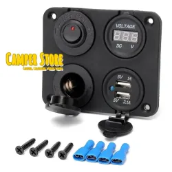 Toma 12V + Toma USB doble + Interruptor + Voltimetro