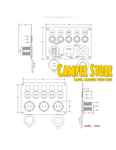 Panel Toma 12V + 2 USB + 5 Interruptor + Voltimetro