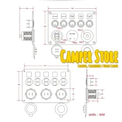 Panel Toma 12V + 2 USB + 5 Interruptor + Voltimetro