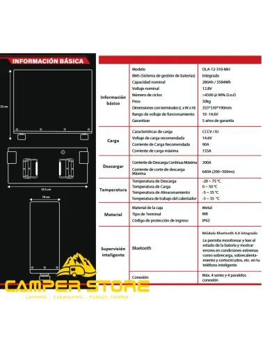 Batería de litio LifePO4 12V 310Ah Olalitio. Bajo asiento